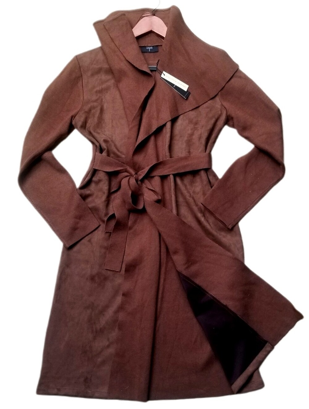 T Tahari Longline Open-front Wrap Cardigan Duster Belted Neutral Brown Large NWT